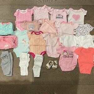 Various brands 0-3 month girl onesies, pants, pajamas